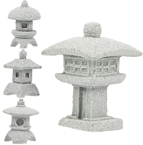 Outanaya 4 Stück Miniatur-Pagodenstatuen aus Sandstein, Grau, Asiatisch, für Garten & Home, Einweihungsparty, Dekoration