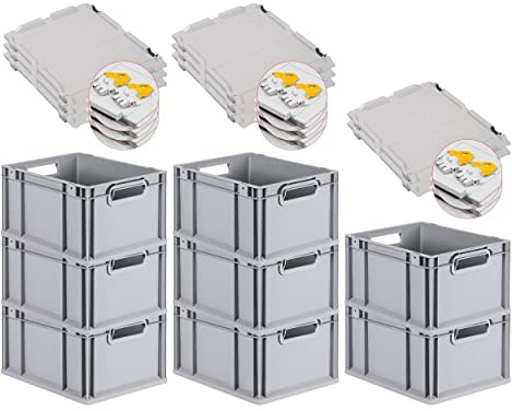 PROREGAL SuperSparSet 8x Eurobox NextGen Grip mit Scharnierdeckel und gelben Schiebeschnappverschlüssen, HxBxT 22x30x40cm, 20 L, Grau, Griffe offen, Eurobehälter, Transportbox