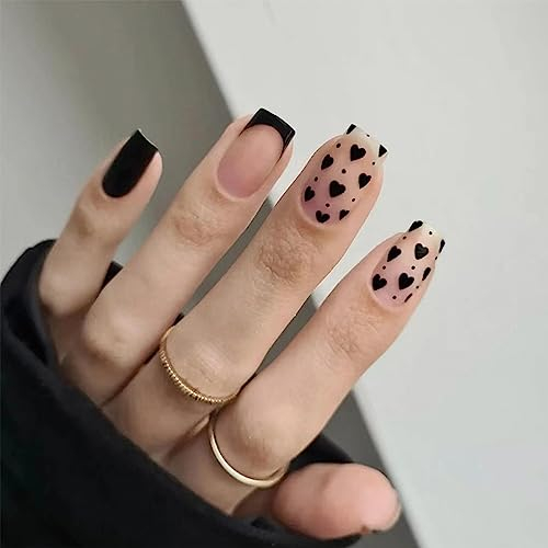 Agasar 24pcs Short Square False Nails French Tip Stick on Nails Black Heart Press on Nails Removable Glue-on Nails Fake Nails Women Girls Nail Art Accessories, Variety Pack