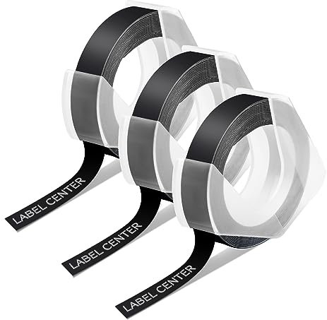 Ruban de Marquage 3D compatible pour Ruban Noir 9mm x 3m, Recharge pour Omega S0717930, Junior S0717900 Embossing Etiqueteuse- Blanc sur Noir, Paquet de 3