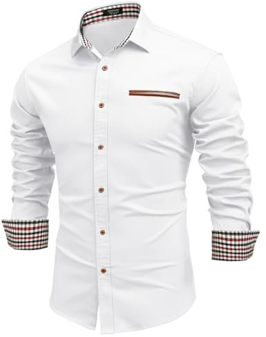 COOFANDY Men Shirts Long Sleeve Denim Formal Dress Shirt Non Iron Checked Business Casual Shirts for Men Western Cowboy Style Regular Fit AA-White1 XL