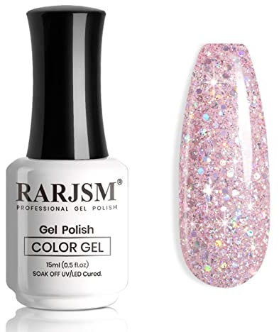 RARJSM Glitter Gel Nail Polish Nude Pink Chunky Shimmer Iridescent Glitter Gel Polish 15ml Rainbow Holographic Effect Soak off Led UV Curing Required High Pigments for Home Manicure Nail Art