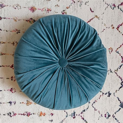 Rundes Sofakissen, 35 cm, Samt, Überwurfkissen, weich, plissiert, Meditations-Bodenkissen, Heimdekorationskissen für Wohnzimmer, Sofa, Bett, Auto, Stuhl (Pfauenblau)