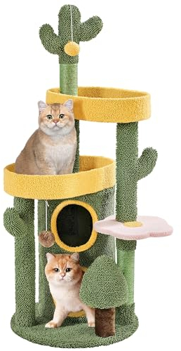 Yaheetech Árbol Rascador para Gatos Medianos Diseño de Cactus de Oasis Torre para Gatos con Escondite Cilíndrico de 2 Niveles 123cm de Alto Verde y Amarillo
