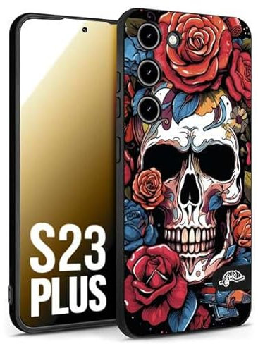 CUSTOMIZZA - Custodia cover nera morbida in tpu compatibile per Samsung S23 PLUS teschio skull flowers fiori rose rosse tattoo disegnato