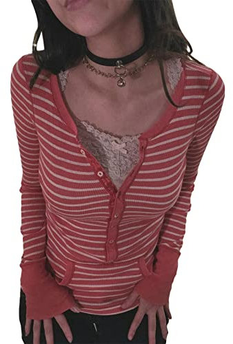 Womens Y2K Long Sleeve Ribbed Henley Top Lace Patchwork Striped Tight Fitted Fairy Grunge Vintage Casual Tees Shirts Clothes for Teens Girls (122804# Pink, S)