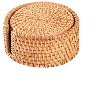 Lot de 6 dessous de verre en rotin fait à la main avec support pour boissons, dessous de verre en osier tissé de style bohème rond en paille pour tasse à thé (10 cm)