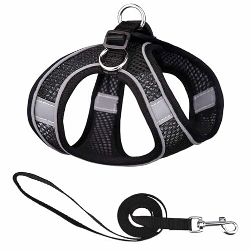 Monkimau Atmungsaktives Hundegeschirr mit Leine | Mesh und Nylon | Ideal für kleine Hunde und Katzen | Größe XXS bis L (Schwarz, XXS)