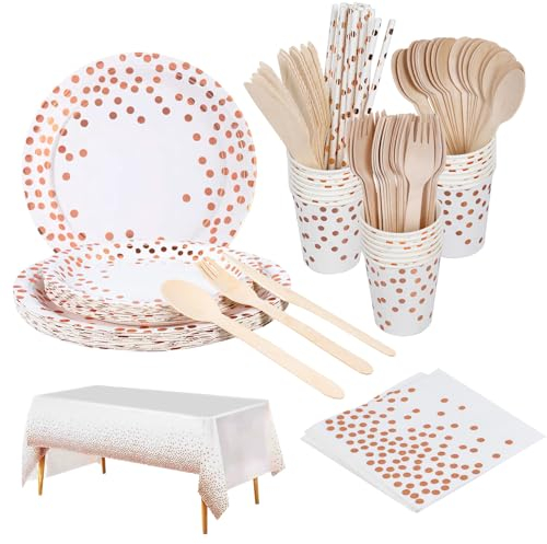 MEYDLL Juego de 161 Platos de Papel Para Fiestas Infantiles, Color Oro Rosa, Manteles, Vasos, Servilletas Para Cumpleaños, Bodas