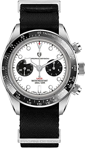 Pagani Design 1718 Herren Vintage Quarzuhr Panda Zifferblatt VK64 Uhrwerk Edelstahl 100M Wasserdicht Leuchtende Sport Chronograph Armbanduhr, Weißes Nylon, Klassisch
