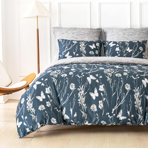 Tokokimo Blue Grey Double Duvet Cover Set - 3pcs Bedding Sets Reversible Color, Blue Double Duvet Set Soft Microfiber with 2pcs Pillowcases, Botanical Floral Double Bedding Set 200x200cm, Blue/Flower