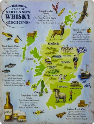 LUCKYLINDE wetterfestes XL Blechschild – Schottland Whisky Regionen Landkarte – Deko Schild 30 x 40 cm