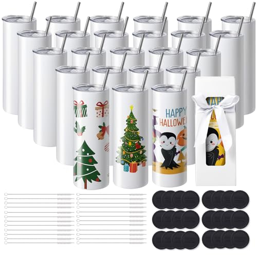 VEVOR 24 Pack Straight Sublimation, 20 oz Blank Bulk, Stainless Steel Double Wall Tumbler Cups with Straw, Lid, Brush, Base, Shrink Wrap, Gift Box, Press and Heat Transfer, White, 591.5 ml