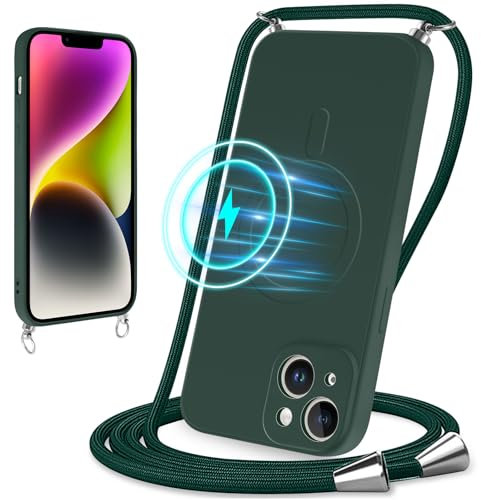 Votvloay Magnetische Handykette für Apple iPhone 14 6,1 Hülle mit Band Handyhülle Kompatibel mit Magsafe Liquid Silikon mit Kordel Schutzhülle zum Umhängen Silikon Case für iPhone 14,Grün