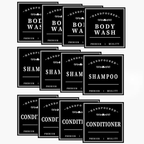 12 PCS Waterproof Labels for Bottles, Hand Soap Shampoo Conditioner Soap Dispenser Label Stickers, Removable Cleaning Bathroom Labels for Glass or Plastic Bottles (Black)
