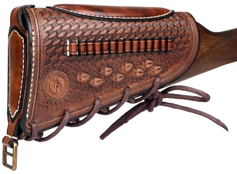 TOURBON Gewehrschaft-Munitionstasche aus Rindsleder, verstellbare Wangenauflage, Patronenhalter für .22LR-Patronen