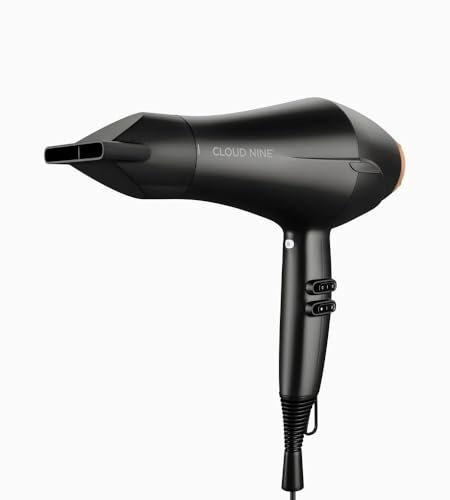CLOUD NINE The Airshot Hair Dryer Gold Edition | Fast Compact 2000w All Hair Types | Variable Temperature Control Low Mid High | Two Nozzles Included | Anti Static Technology