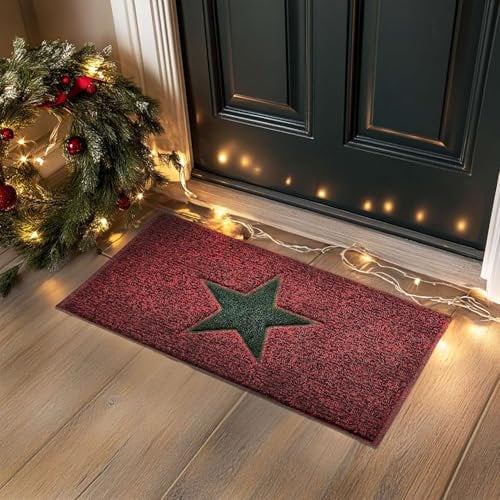 Nicoman Christmas STAR Door Mat Entrance Barrier Dirt-Trapper Floor Mat Patio Garden Conservatory Doormat Indoor Outdoor Non Slip Matt (Red with Green Star, 60 x 40cm, Small)
