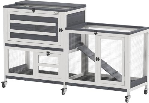 PawHut 2-Layer Indoor-Kaninchenkäfig, Kaninchenkäfig für 2-3 Kaninchen mit 6 Rädern, Rampe, Dach zum Öffnen, offener Bereich und 3 Fächer, Kaninchenbox aus Fichtenholz, 147x45x89,5 cm, grau