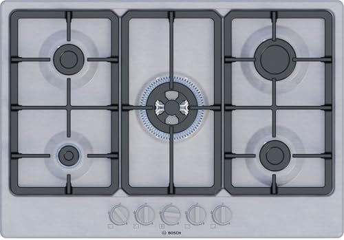 Bosch PGQ7B5K90 Serie 4, placa de gas, quemador WOK: potencia hasta 3,3 kW, parrillas de hierro fundido, acero, 75 cm, inoxidable