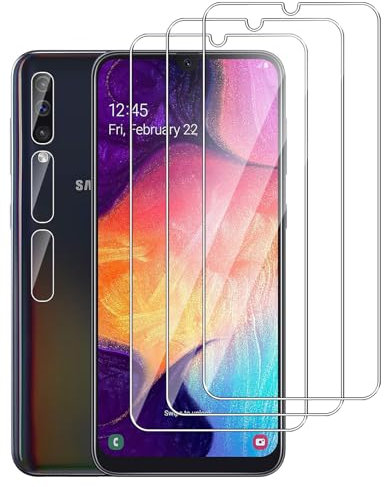 Dlxiks 3 Pièces Verre Trempé Pour Samsung Galaxy A50 (SM-A505F) avec 3 Pièces Caméra Arrière Protecteur,HD Transparent, Dureté 9H-sans Bulles d'air-Anti Rayures Film Protection écran