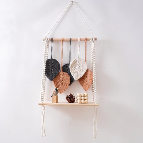 Wandregal Holz Makramee, Handgewebte Hängeregal Regal Wand Boho Deko Schweberegal Wanddeko Wohnzimmer für Home Badezimmer Schlafzimmer Kinderzimmer. (1 Stufe)