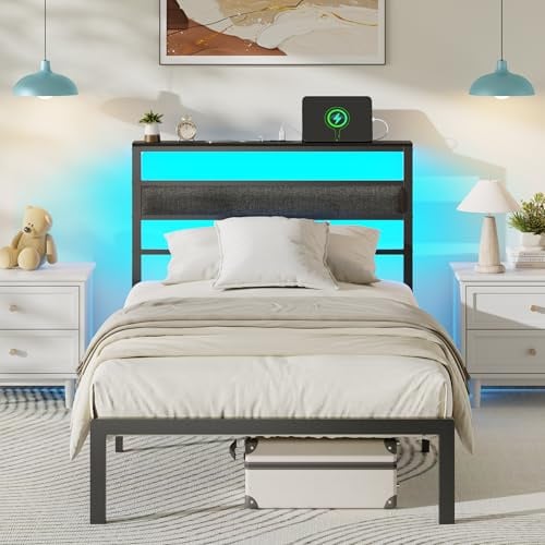 OURPIC Twin Bed Frames, Upholstered Headboard and Storage Shelf, Black