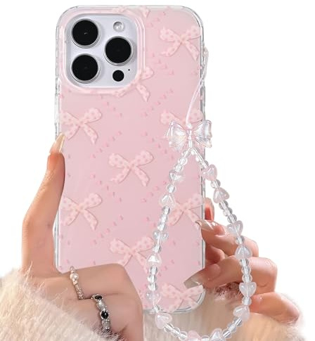 Reownest for iPhone 16 Pro Case with Cute Pink Bowknots diamond Pattern Aesthetic Girly Cover, Soft TPU Bumper Protective Phone Cases for Women Girls + Beaded Bow Chain