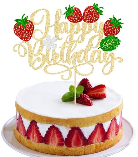 Gyufise 1 pieza de decoración para tarta de cumpleaños de fresa con purpurina para temática de frutas, baby shower, fiesta de cumpleaños, fiesta de frutas, suministros de decoración de pasteles, color
