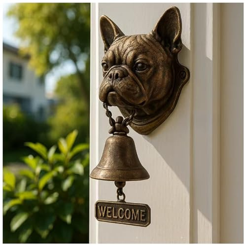 JSvsza Vintage Hunde Türglocke, Lebensechte Hundeskulptur mit Messing Dinner Bell, Rustikale Wandmontierte Willkommensglocke für Haustür Gartentor Ladeneingang Terrasse Veranda Außen Dekor Wetterfest