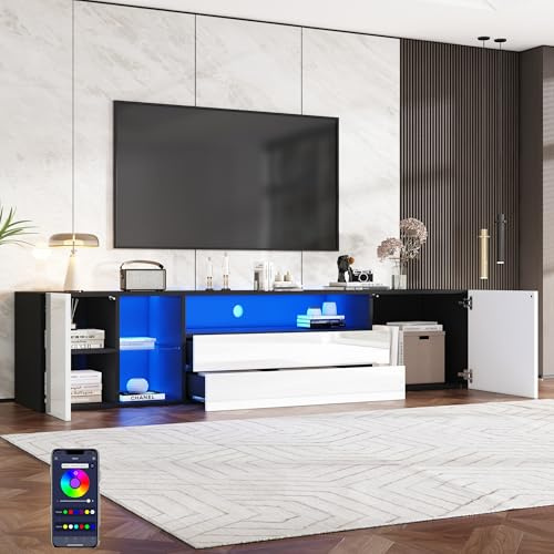 Meuble TV Design 180x40x45 cm - Lowboard Moderne Haut Brillant avec Éclairage LED, 2 Tiroirs & 2 Portes - Support TV pour Téléviseur 75 Pouces - Style Contemporain Noir et Blanc