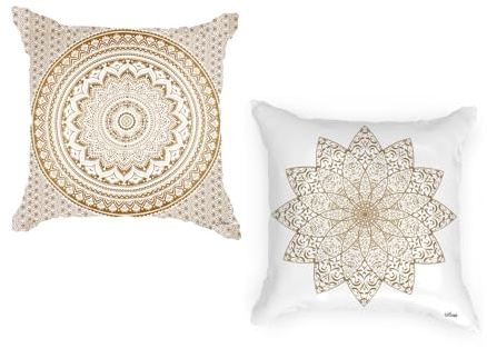 Ulticool - Outdoor Kissenbezug - Mandala Gold Beige Bohemian Hippie - Dekokissen Outdoor Wasserabweisend - 2er Set Kissen 45x45 cm Quadratisch