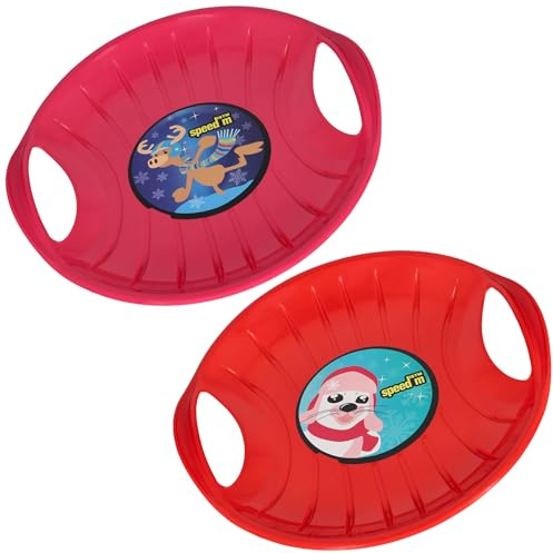 KOTARBAU® 2er Set Rutschteller - ø 60 cm - Popo Rutscher - mit Griffen - Schlitten für Kinder & Erwachsene - Bob Schlitten - Kinderschlitten - Kunststoff - Rosa & Rot