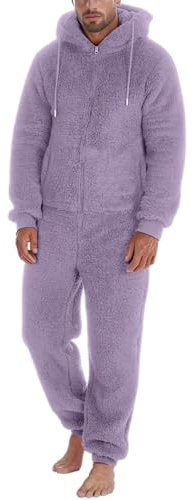 Generisch Men's Warm Fluffy Pyjamas Cuddly Fleece Jumpsuit Plush Pyjamas One-Piece Winter Christmas Nightwear Full Body Suit Loungewear, purple, L