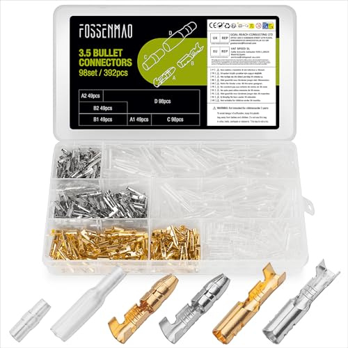 98er Set/392 Stück Rundsteckverbinder, Messing Kabel Steckverbinder, 3.5-3.9mm Bullet Terminals, Motorrad Doppelt Rundstecker, Elektro Stecker Set mit Isolationsabdeckung, Rundsteckhülsen Connectors