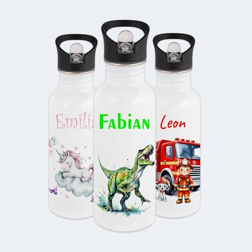 Gravur-Max Kinder Trinkflasche 600 ml personalisiert - Dino T-Rex - auslaufsichere Edelstahl Trinkflasche mit Trinkhalm & Klappdeckel – BPA-frei, leicht & robust – mit Namen bedruckt - Weiß