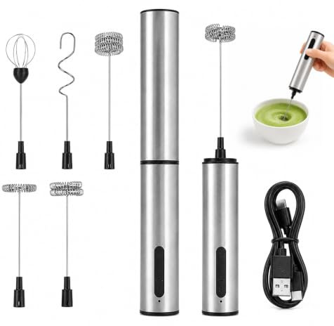 Milchaufschäumer Stab, Elektrischer Milchaufschäumer Tragbar, USB-C Wiederaufladbar Hand-Milchschäumer Mit 3 Geschwindigkeiten Und 5 Aufsätzen Für Latte Cappuccinoheiße Schokolade