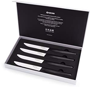 Kyocera Set di coltelli da bistecca 4 pezzi, lama affilata in ceramica zirconia nera, taglio micro sega, lavabile in lavastoviglie, 4 pezzi, manico nero, lama bianca, SK-4PC WHBK EU