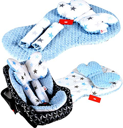 BABYLUX Kinderwagen SITZAUFLAGE Kissen Gurtschoner f. Buggy Autoschale Einlage (4. Blau + Sterne, 3 Tlg Sitzauflage + Kissen + Gurtpolster)