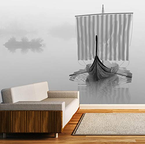 Vlies Tapete Poster Fototapete Fantasy Wikinger Schiff Boot Farbe schwarz weiß, Größe 160 x 120 cm