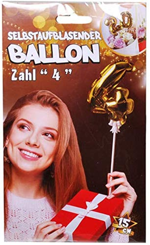 Folien-Ballon 15cm zum Geburtstag mit Zahlenmotiv 4 Zahlenballon selbstaufblasend Farbe gold