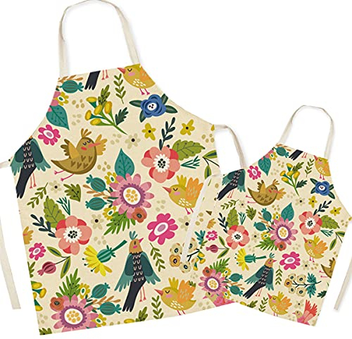 FOMAISELF Leinen Eltern und Kind Kochschürze-Süße Vögel Muster Mama und Kinder Schürze, Mama Sohn Tochter Schürzen zum Kochen Backen Malerei Party