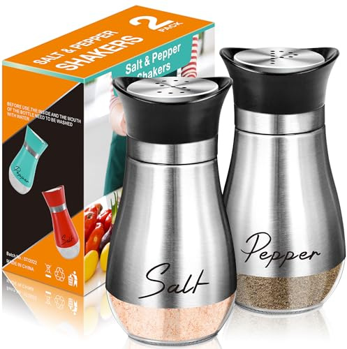 Salt Shakers and Pepper Set,4 oz Glass Bottom Salt Pepper Shaker with Stainless Steel Lid for Kitchen Gadgets Cooking Table, RV, Camp,BBQ Refillable Design (Silver)