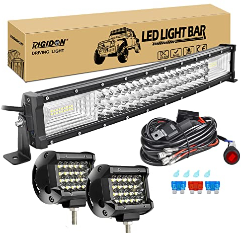 RIGIDON 22 Zoll 55 cm 270W gebogene led lichtleiste mit 12v kabelbaum kit, 2x 4 zoll spot led arbeitsscheinwerfer, Wasserdicht warmweiß offroad beleuchtung für Auto Offroad LKW KFZ Traktor 4x4, 6000K
