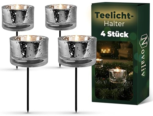 Novaliv 4X Teelicht-Gläser Silber ⌀ 5cm x 8,5cm Mit Metall-Pick Kerzenhalter mit Spieß Teelichthalter I zur Gestaltung von Gesteck und Kränzen Adventskranz-Kerzenhalter