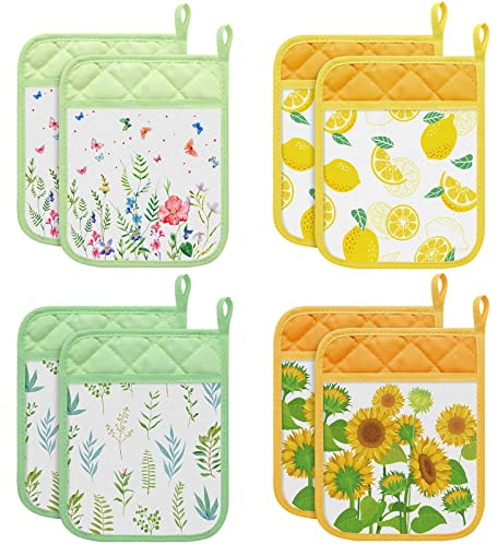 8 Designer-Topflappen – hitzebeständige Zitronenblüten und Sonnenblumenmuster mit Taschen und Schlaufen – perfekt für Küche, Ofen und Restaurant