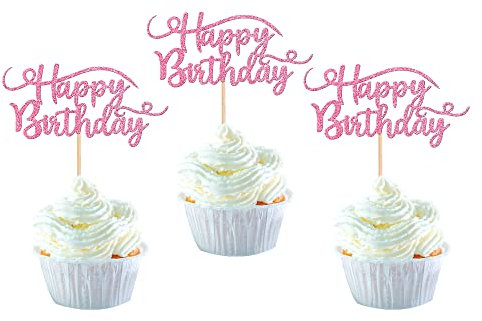 24 Stück Happy Birthday Cupcake Toppers Glitter Geburtstag Tortendeko zum Feiern alles Gute zum Geburtstag Party Kuchen Dekorationen Zubehör Rosa