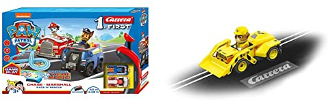 Carrera First PAW Patrol Race 'N' Rescue 2,4m Rennstrecken-Set | 2 ferngesteuerte Fahrzeuge mit Chase und Marshall | mit Handregler & Streckenteilen & 20065025 PAW Patrol - Rubble, Gelb