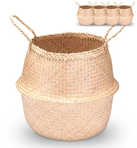 Decorasian Seegras Korb rund geflochten, Körbe zur Aufbewahrung und als Blumenkorb - Übertopf in Bast BZW. Rattan Optik - Seegraskorb mit Henkel zum Tragen - Wäschekorb - 4 Stück 40cm