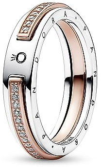 PANDORA Signature Bicolor Logo & Pavé Ring aus Sterlingsilber mit rosévergoldete Metalllegierung und Zirkonia, Gr. 52, 182773C01-52